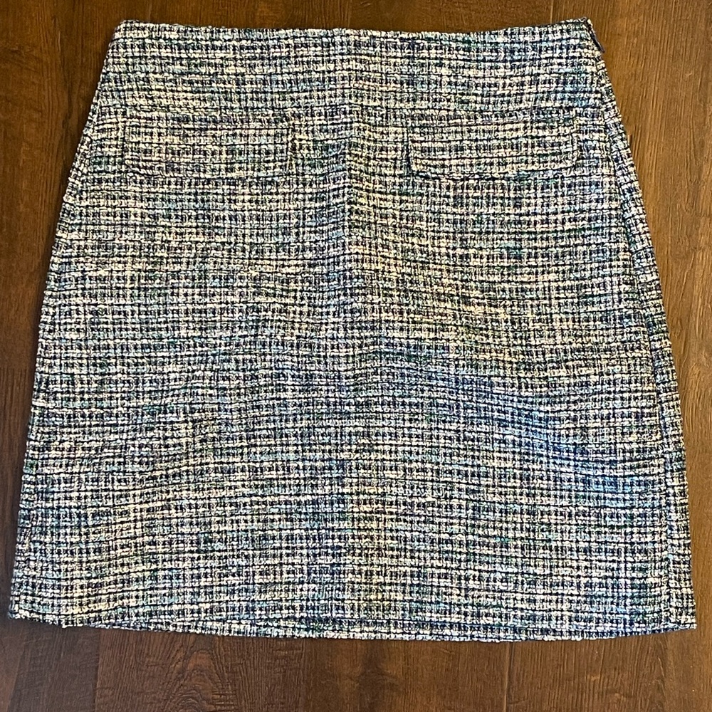 LOFT Navy Blue‎ White Teal Tweed Front Pockets Lined Skirt Classic Preppy Size 2